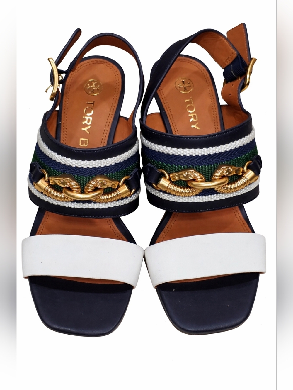Tory Burch Navy, White & Green Embellished Leather Sandals Sz 7